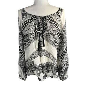 Hale Bob Sz Small Paisley Black & White Print Tassel Tie Front Chiffon Blouse Ov